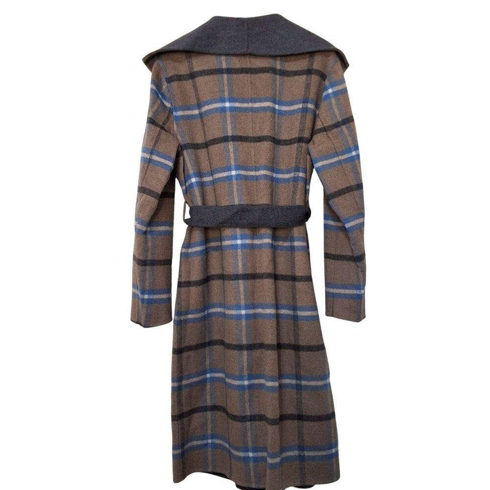 Elie Tahari Wallace‎ Plaid Full-Length Wrap Coat Womens L Cathedral Blue Preppy - Picture 3 of 7